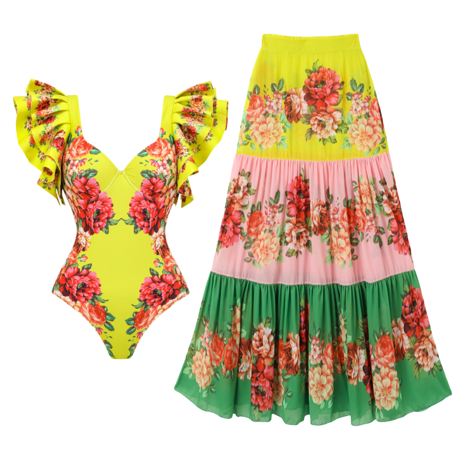 Ruffled Blooming Flower Print One Piece Swimsuit and Skirt Flaxmaker