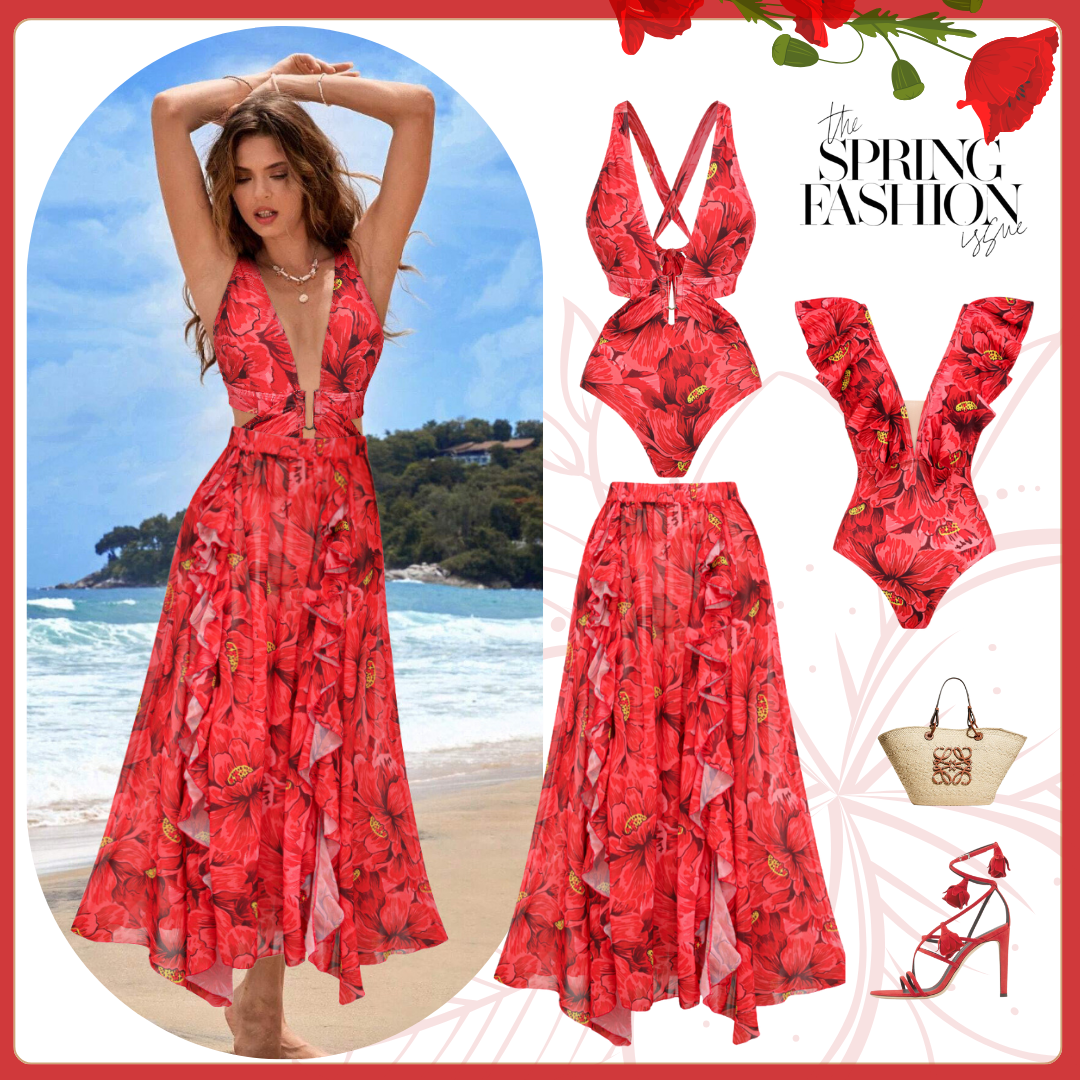 Blooming Red Flower Print Cut Out One Piece Swimsuit and Skirt