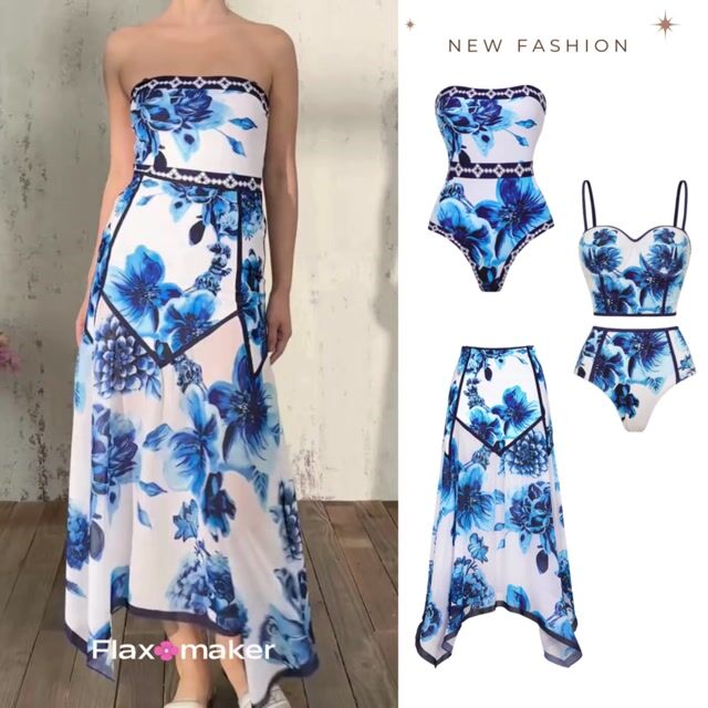Floral Series Pattern Print Bikini Swimsuit and Skirt