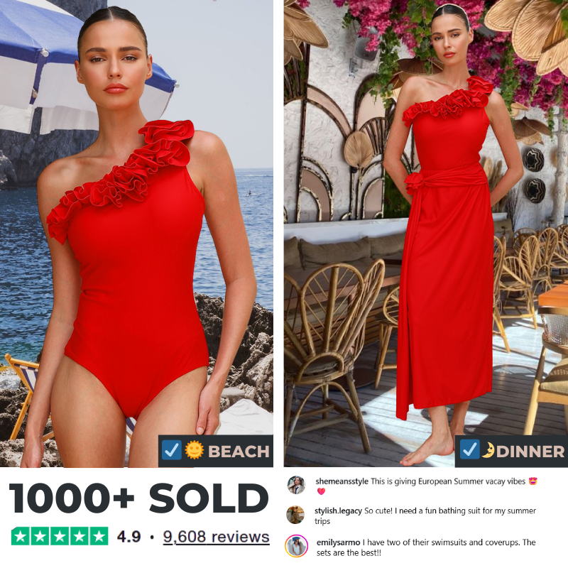 One Shoulder 3D Flower Red Solid Color One Piece Swimsuit and Skirt