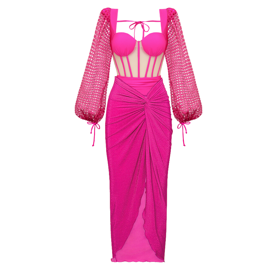 Mesh Hollow Long-sleeved Net Yarn Splicing One Piece Swimsuit and Sarong