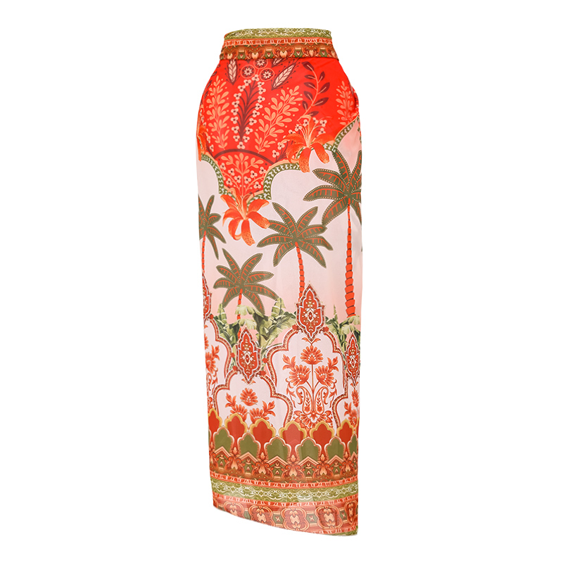 Off Shoulder Coconut Palm Print One Piece Swimsuit With Belt and Skirt