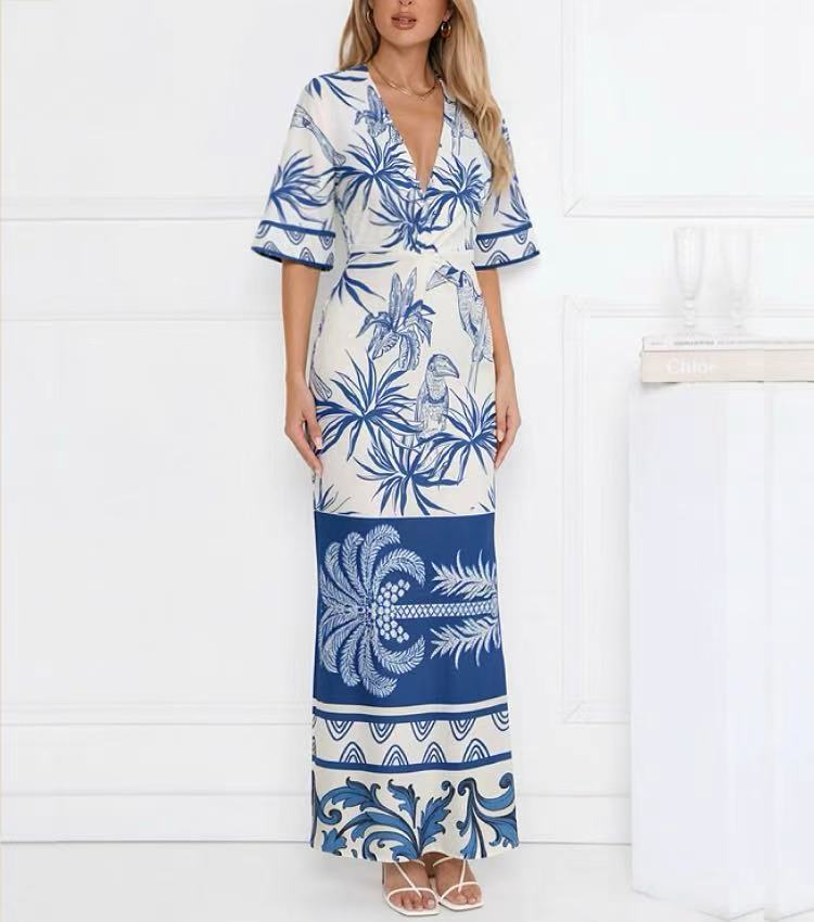 Blue Palm Print Midi Dress