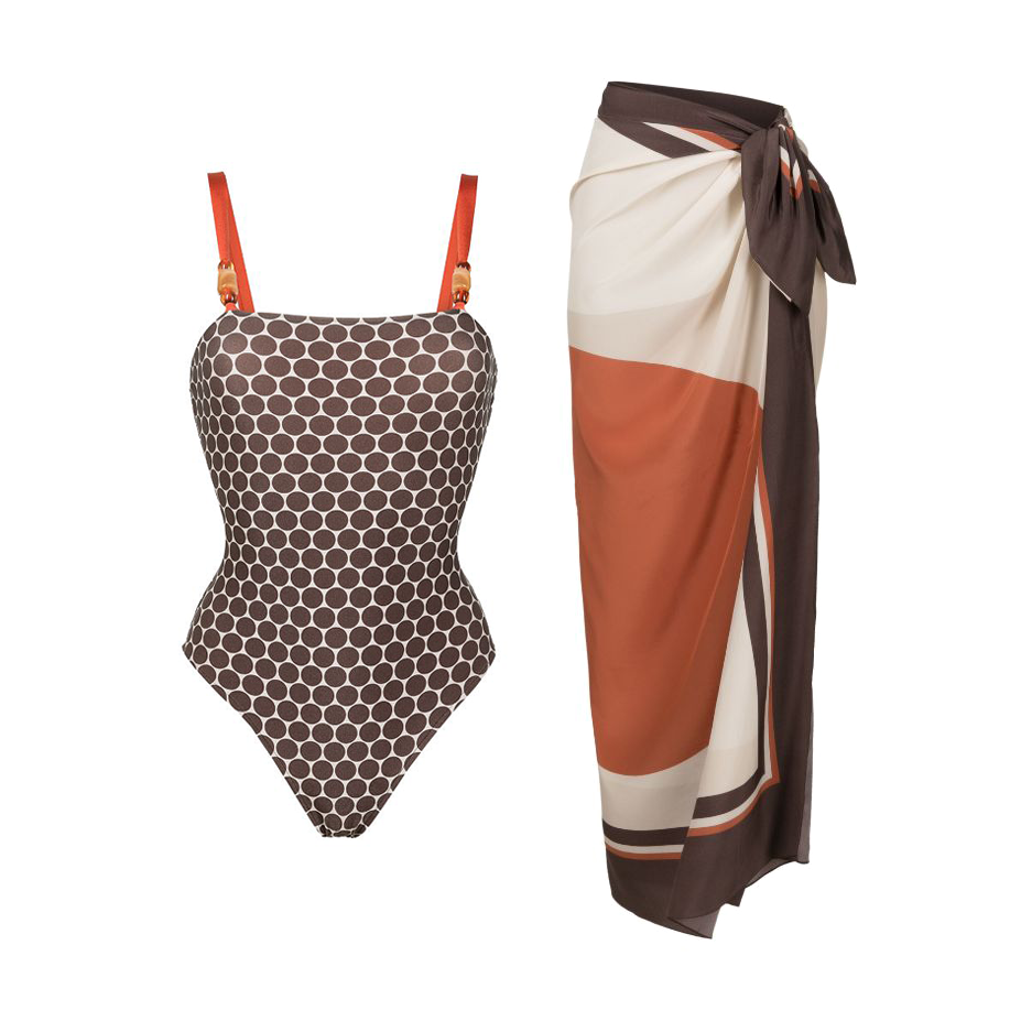 Reversible Graphic Printed Beaded One Piece Swimsuit and Sarong Flaxmaker