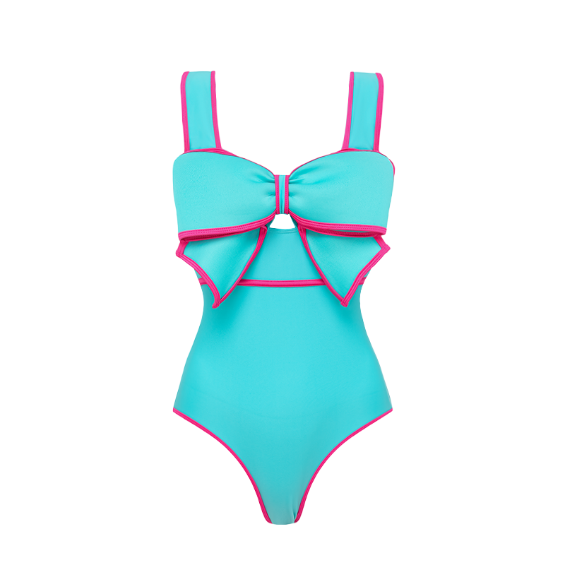Bow Decor Blue and Pink One Piece Swimsuit and Skirt