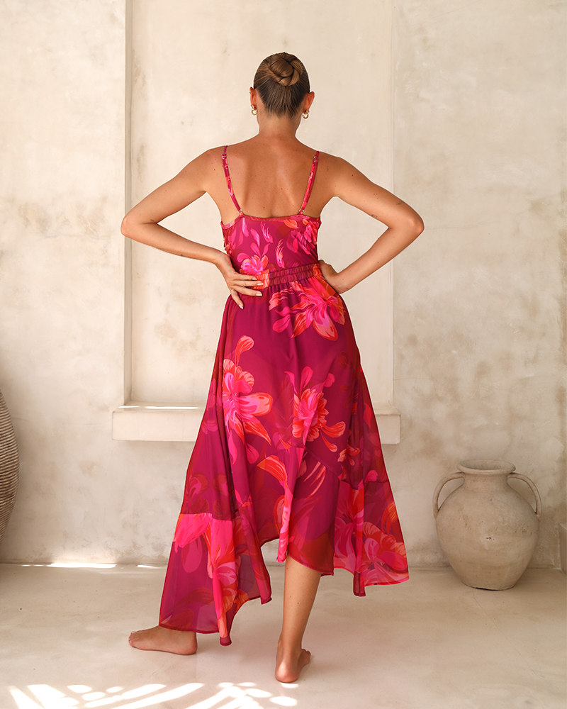 Sling Abstract Floral Print One Piece Swimsuit and Skirt