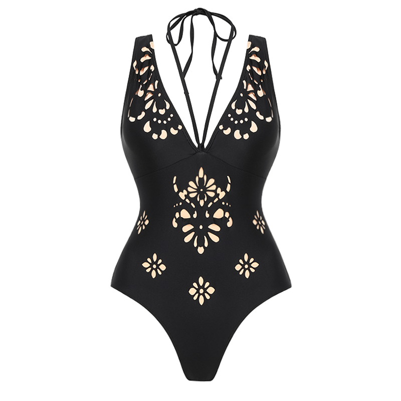 Black V Neck Laser Cutting Flower Hollow One Piece Swimsuit and Skirt
