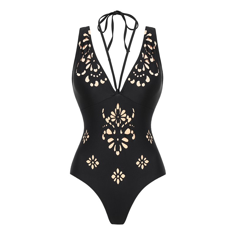 Black V Neck Laser Cutting Flower Hollow One Piece Swimsuit and Skirt
