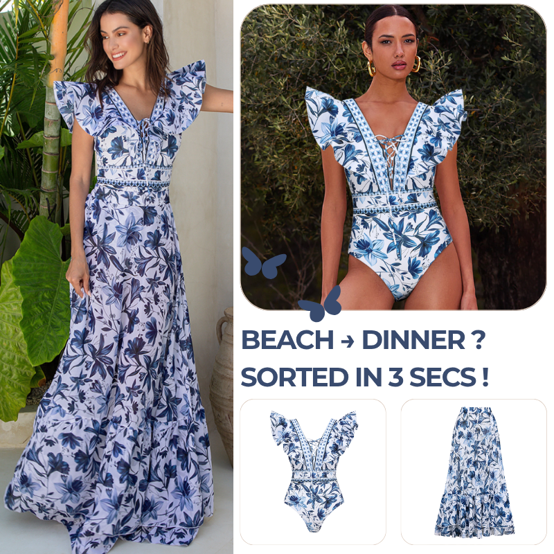 V Neck Ruffle Lace Up Printed One Piece Swimsuit and Skirt