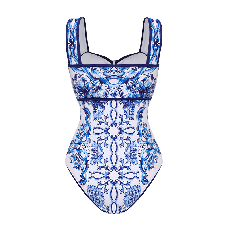 Bow Decor Majolica Print One Piece Swimsuit and Skirt or Pants