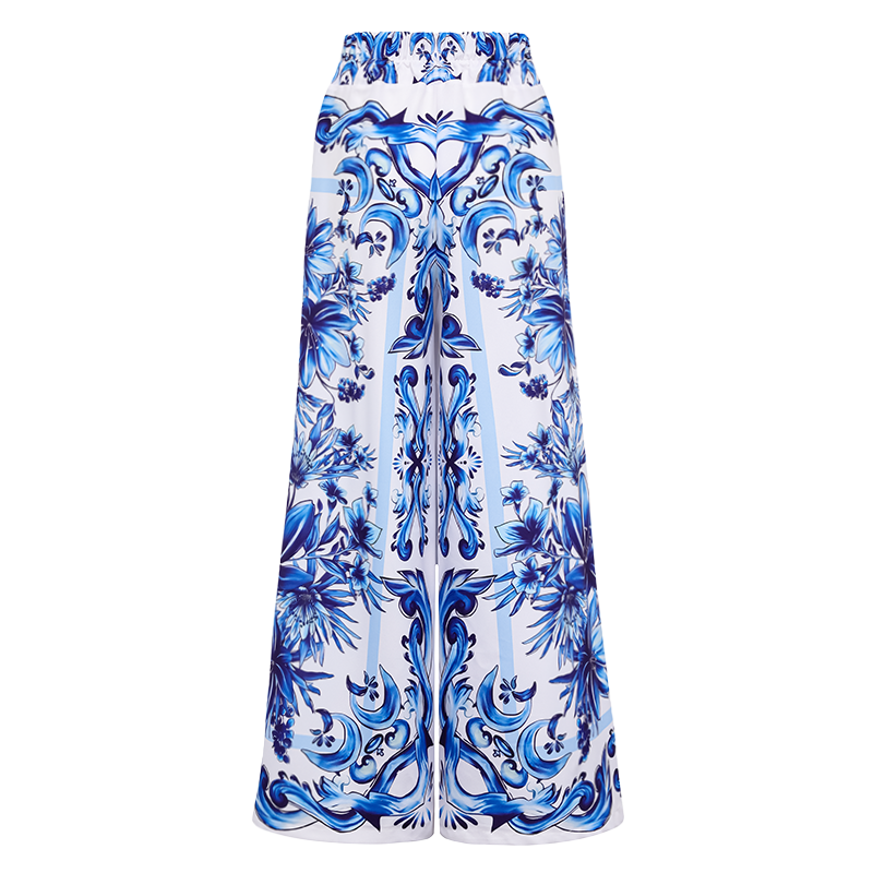 Ruffle V Neck Blue Majolica Print High Waist Bikini Swimsuit and Skirt or Pants