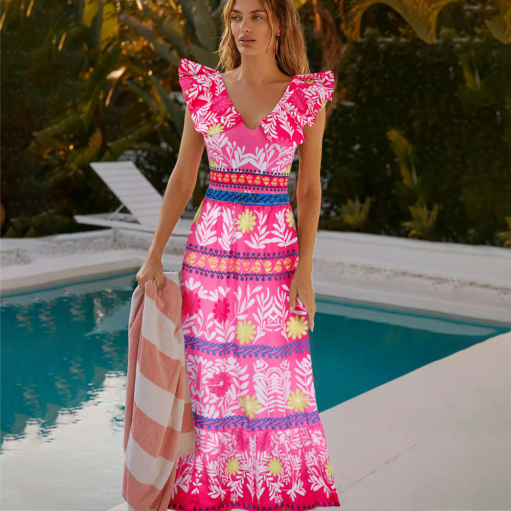 V Neck Ruffle Printed One Piece Swimsuit and Skirt