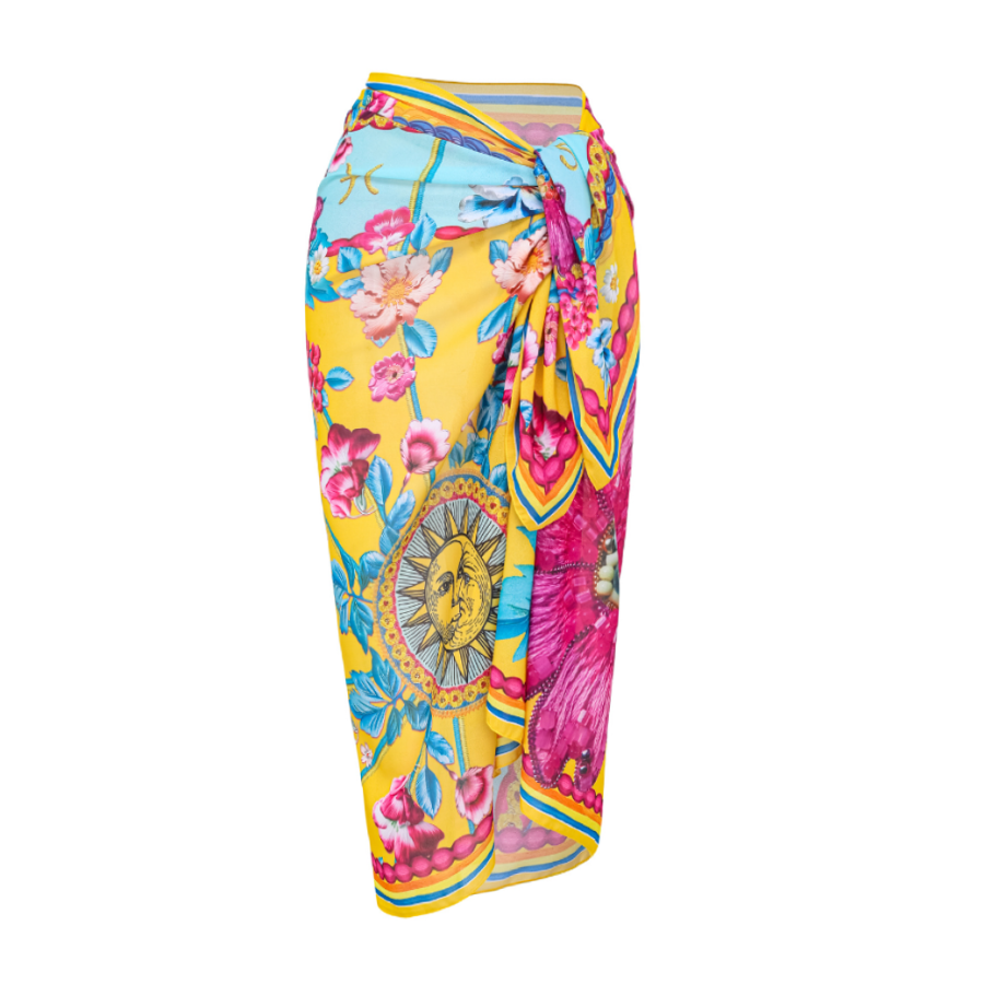 Constellation Flower Print Ruffled Bikini Swimsuit and Sarong