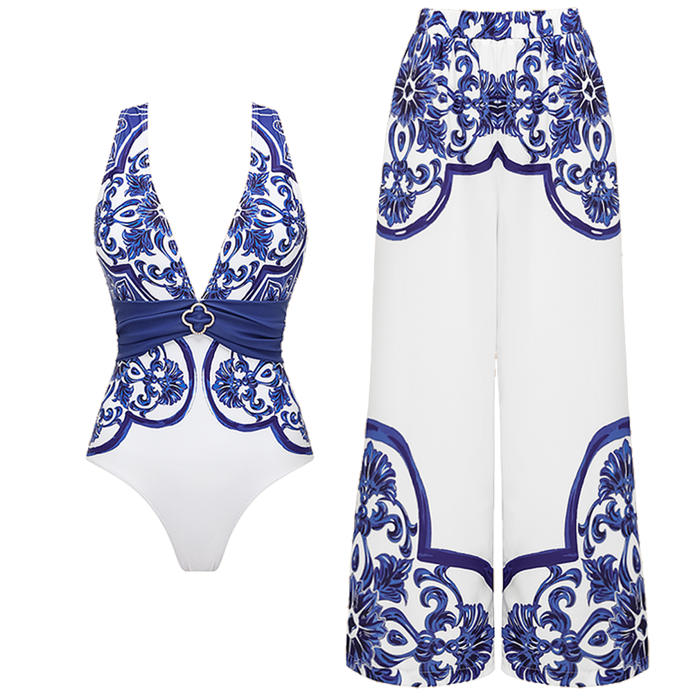V Neck Classic Majolica Series Pattern Print One Piece Swimsuit and Pants or Shorts