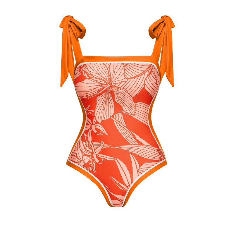 Tie Shoulder Orange Print One Piece Swimsuit and Sarong Flaxmaker