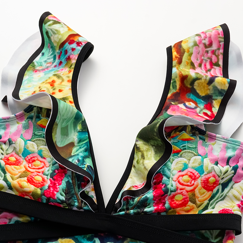 V Neck Bow-tie Oil Painting Print One Piece Swimsuit and Sarong