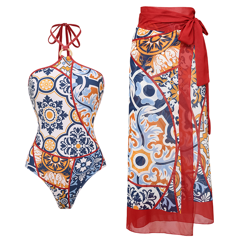 Printed Halter One Piece Swimsuit and Sarong Flaxmaker