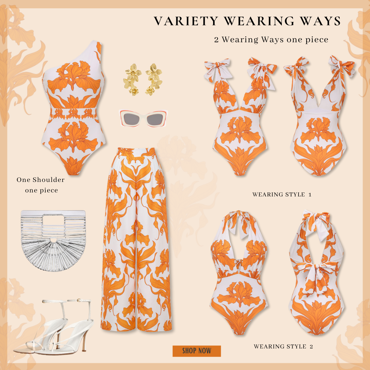 One Shoulder Iris Print One Piece Swimsuit and Pants