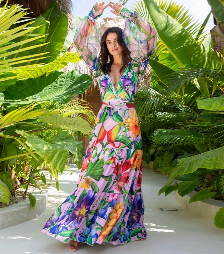 V-neck Long Sleeve Flowers Printed One Piece Swimsuit and Skirt