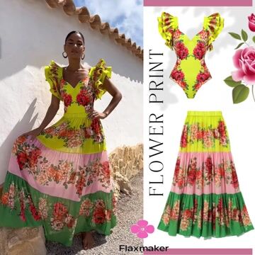 Ruffled Blooming Flower Print One Piece Swimsuit and Skirt Flaxmaker