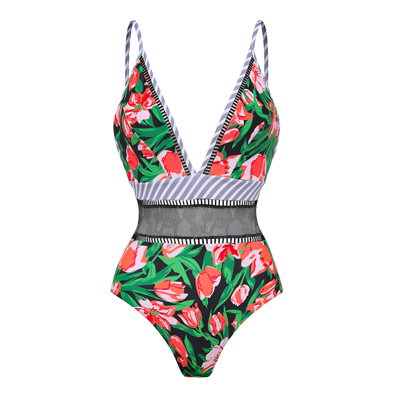 Sling Lace Splicing Printed Swimsuit and Skirt