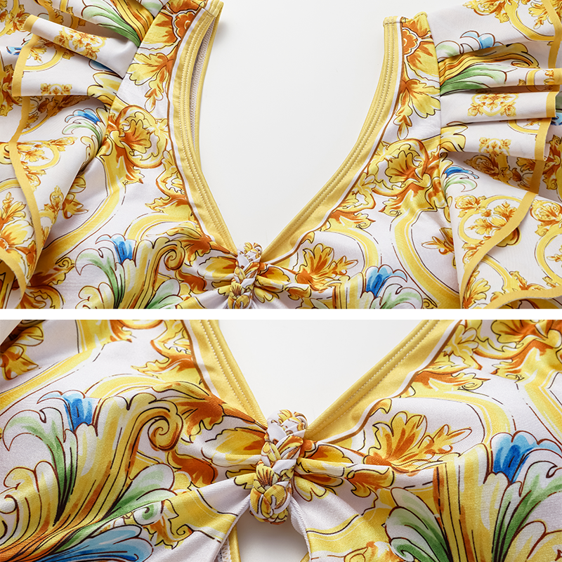 Ruffle V Neck  Golden Majolica Print One Piece Swimsuit and Scooter skirt