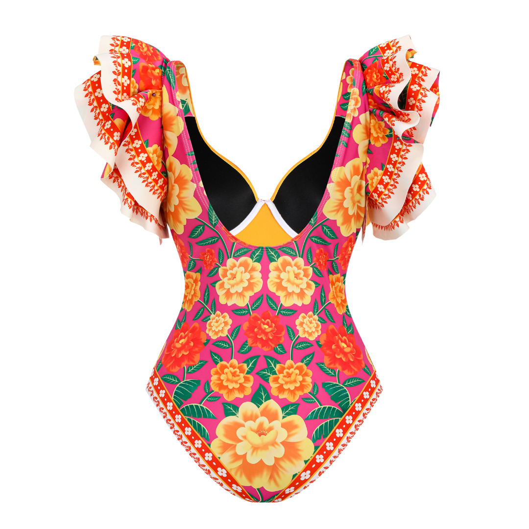 Ruffled Contrast Print One Piece Swimsuit and Sarong Flaxmaker