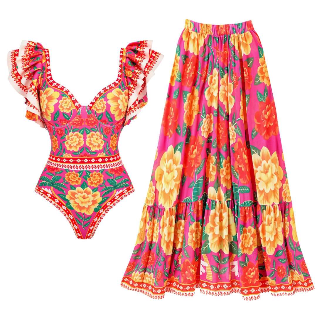 Ruffled Contrast Print One Piece Swimsuit and Sarong Flaxmaker