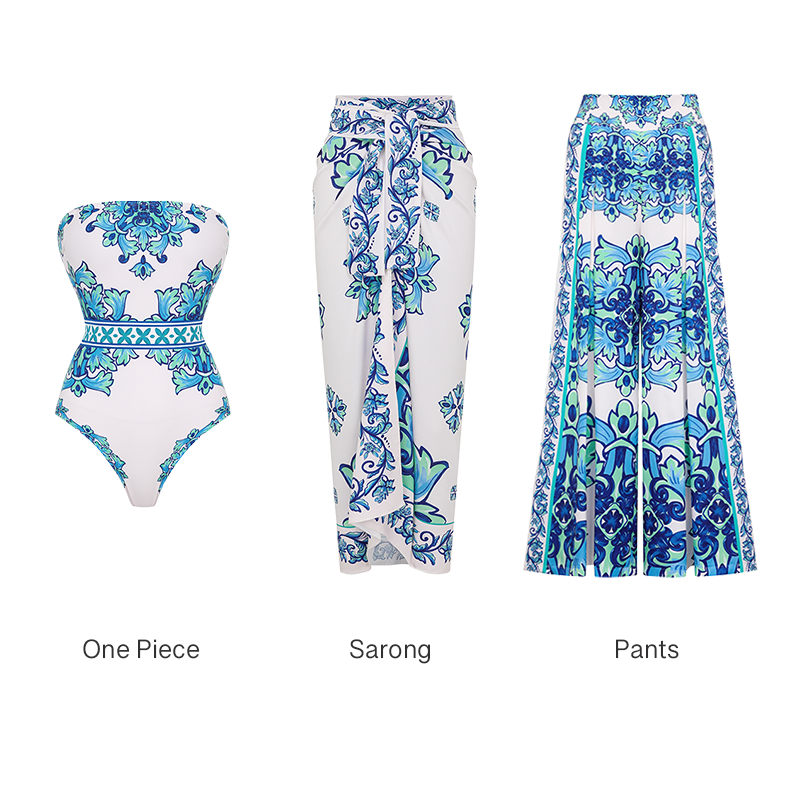 Off Shoulder Majolica Print One Piece Swimsuit and Sarong or Pants