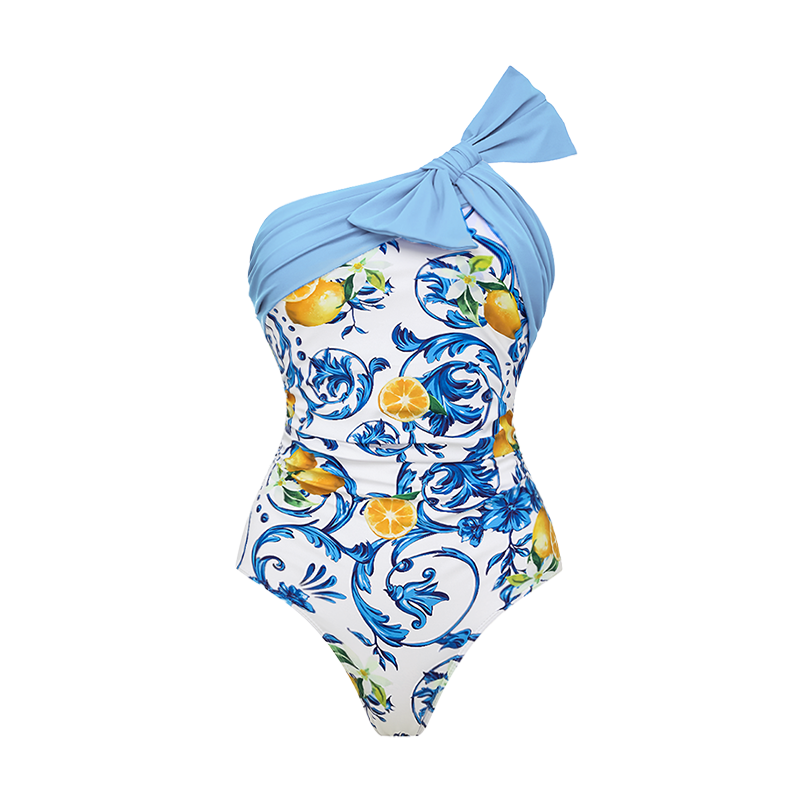 Lemon Print One Shoulder One Piece Swimsuit and Sarong or Skirt Flaxmaker