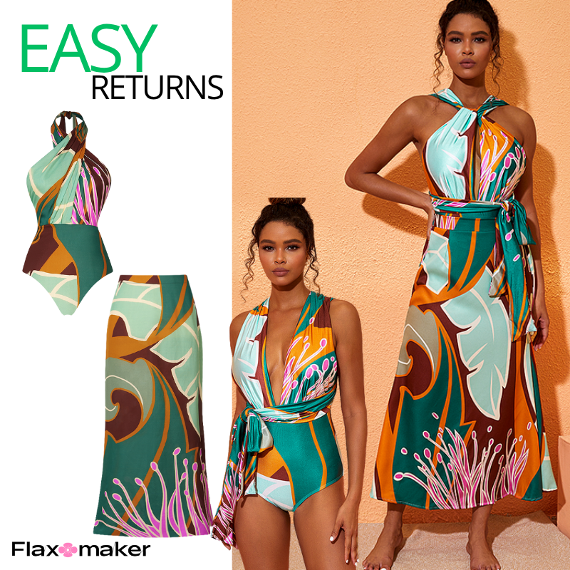 Halter Printed One Piece Swimsuit and Skirt Flaxmaker