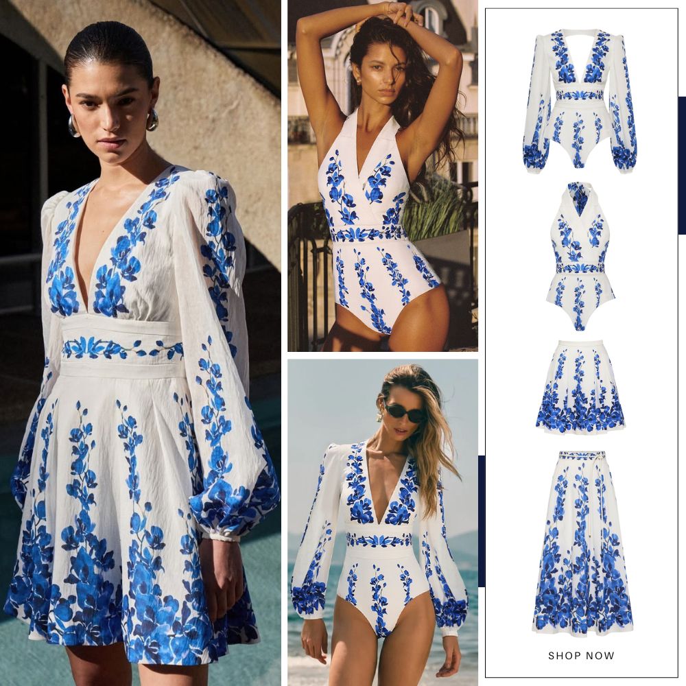 Printed Long Sleeve One Piece Swimsuit and Skirt