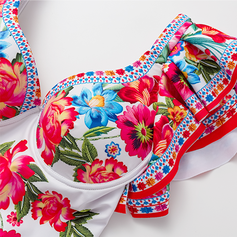 V Neck Ruffle Shoulder Embroidery Pattern Printed  One Piece Swimsuit and Skirt Flaxmaker