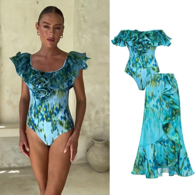 Removable Shoulder Strap Off Shoulder Ruffle Abstract Pattern Print One piece Swimsuit and Skirt