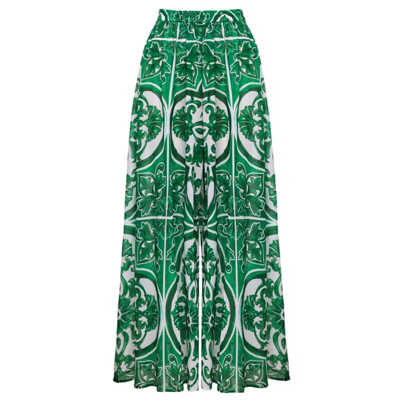 V Neck Classic Majolica Series Pattern Print One Piece Swimsuit and Pants or Skirt