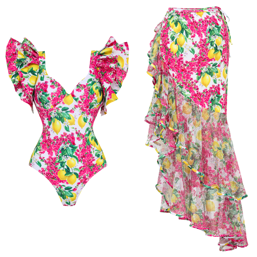 Ruffled Lemon Floral Print One Piece Swimsuit and Tiered Skirt