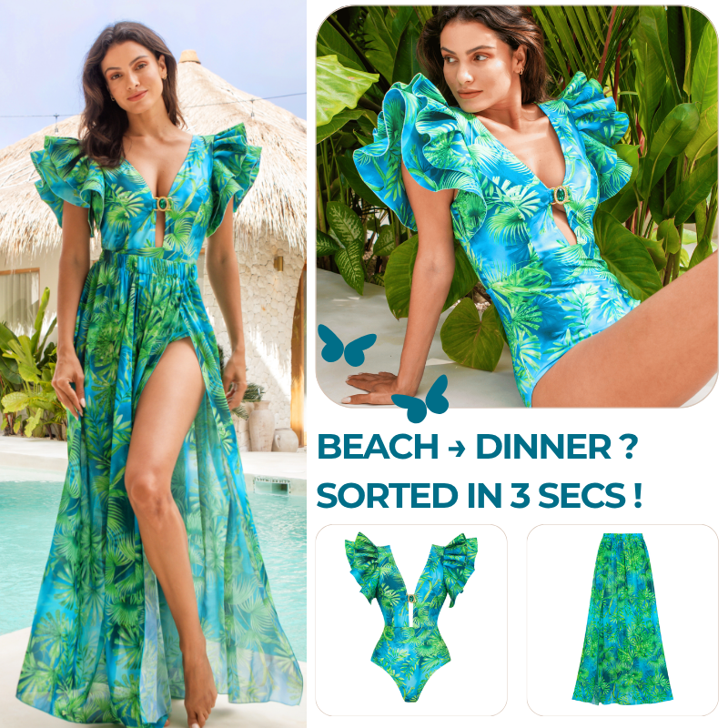 Ruffled Jungle Green Print One Piece  Swimsuit and Skirt