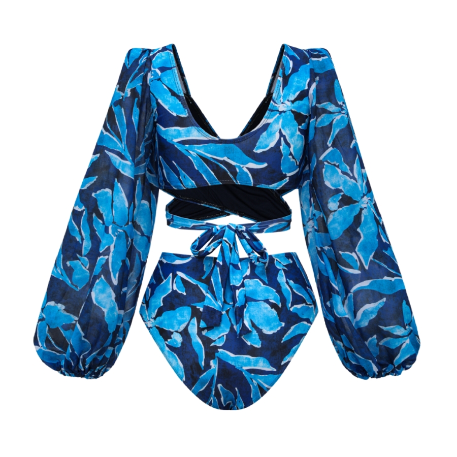 Long-sleeved Back-Tie Design Printed Bikini Swimsuit and Skirt