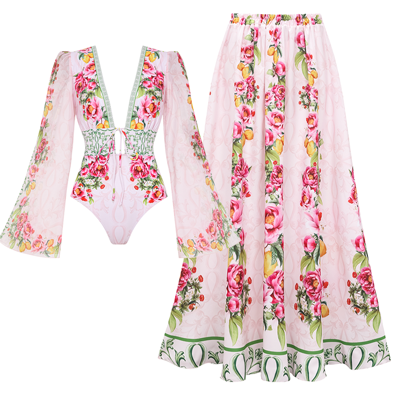 Long sleeves Bow-tie Lemon Floral Pattern Print One Piece Swimsuit and Skirt