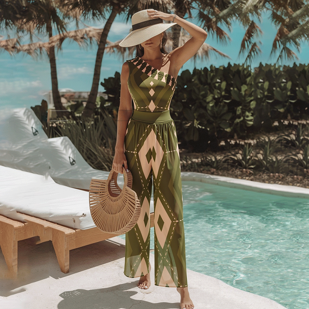 Plus Size One Shoulder Geometric Pattern Print One Piece Swimsuit and Pants