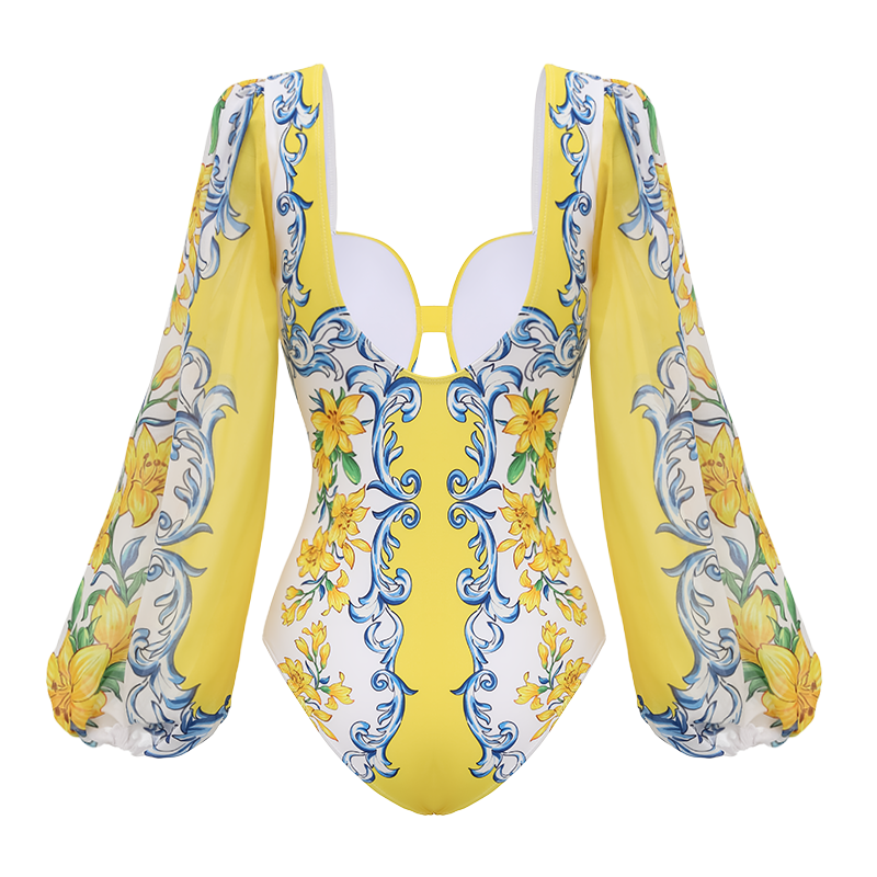 Printed Sicily Long Sleeved One Piece Swimsuit and Skirt