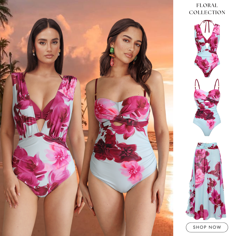Abstract Floral Printed Two-piece Swimsuit and Skirt