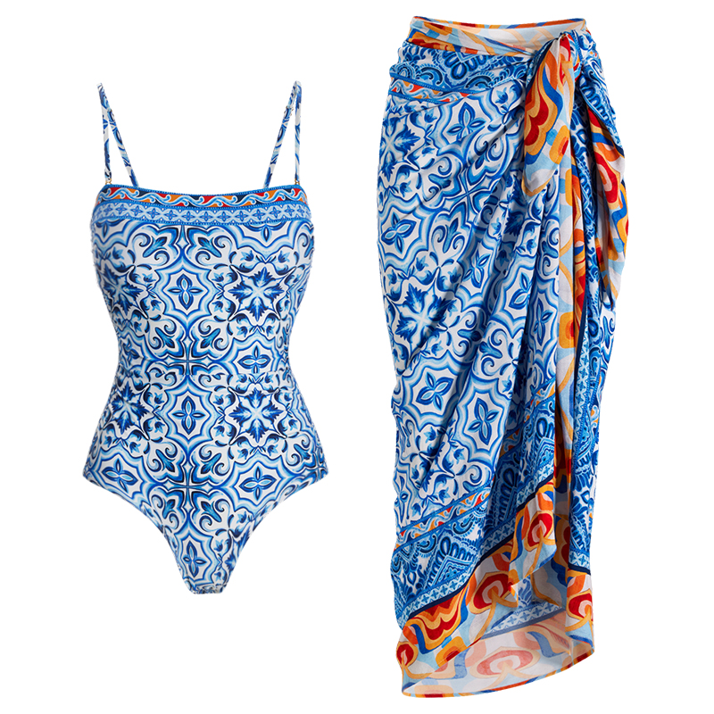 Printed One Piece Swimsuit and Sarong