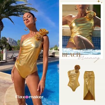 3D Flower Golden Fabric One Piece Swimsuit and Skirt Flaxmaker