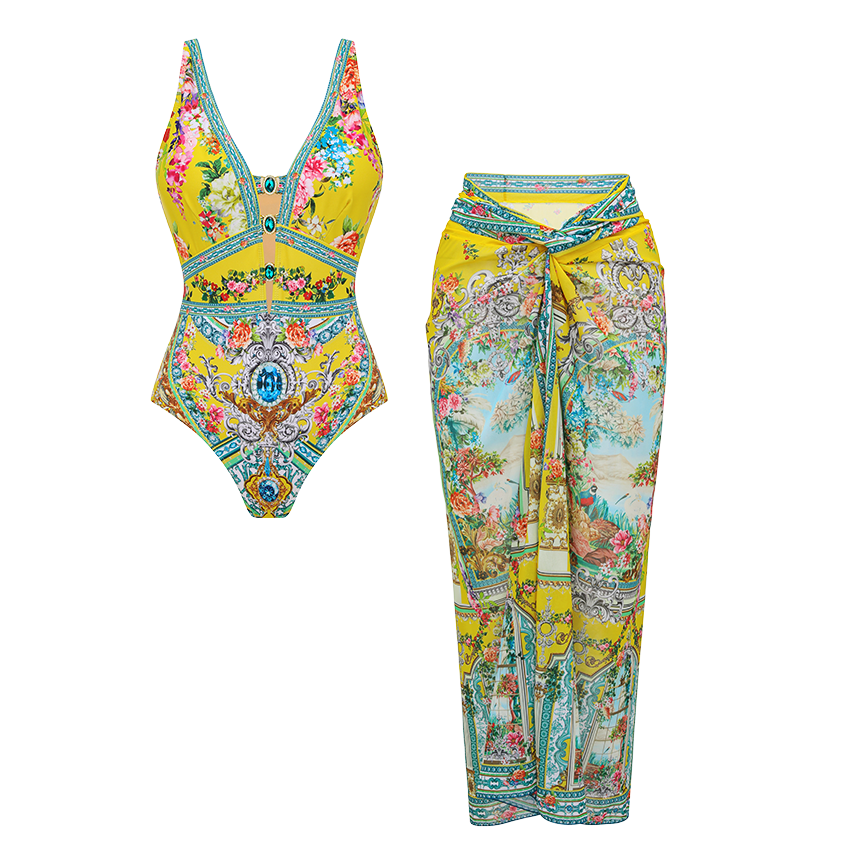 Diamond Decoration Bougainvillea Print Swimsuit Set(s)