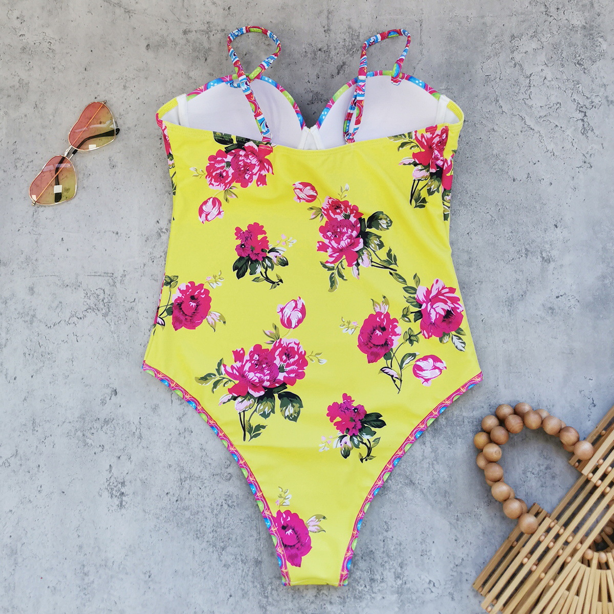 抹胸一体式套穿硬包连体泳衣女式2025新款复古印花速卖通swimsuit