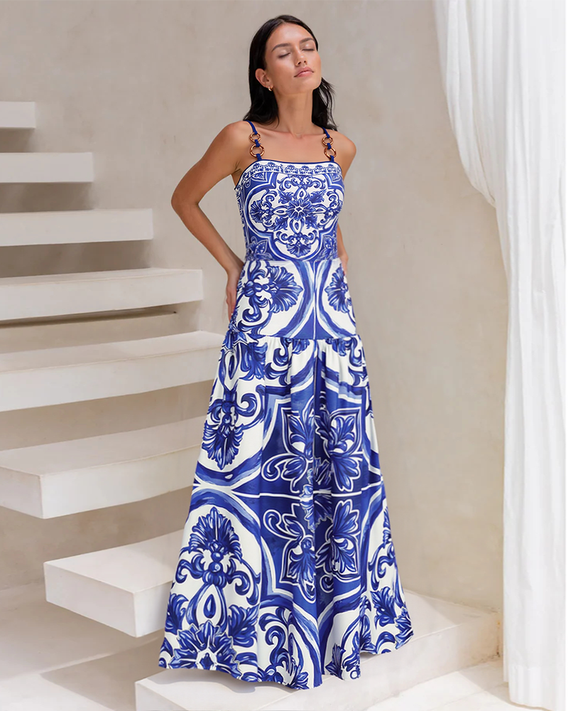 Sling Classic Majolica Series Pattern Print One Piece Swimsuit and Skirt or Shorts