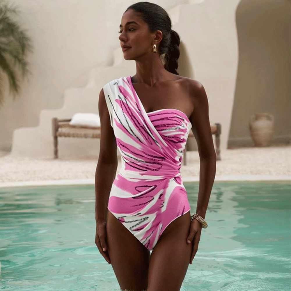 One Shoulder Printed Frilled One Piece Swimsuit and Skirt