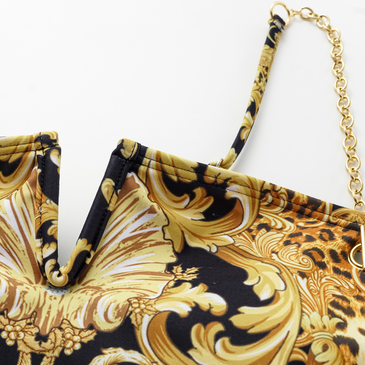 Vintage Black Gold Baroque Print Metal chain small V-neck One Piece Swimsuit and Skirt