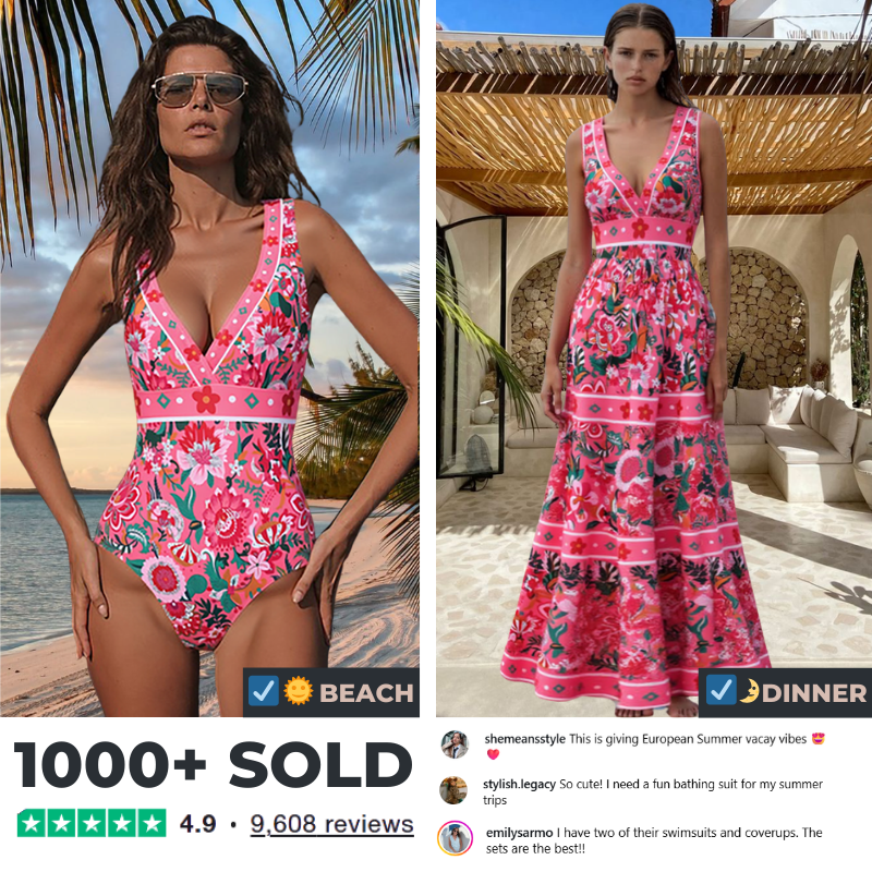 Pink Floral Paradise Print V-neck One Piece Swimsuit and Skirt